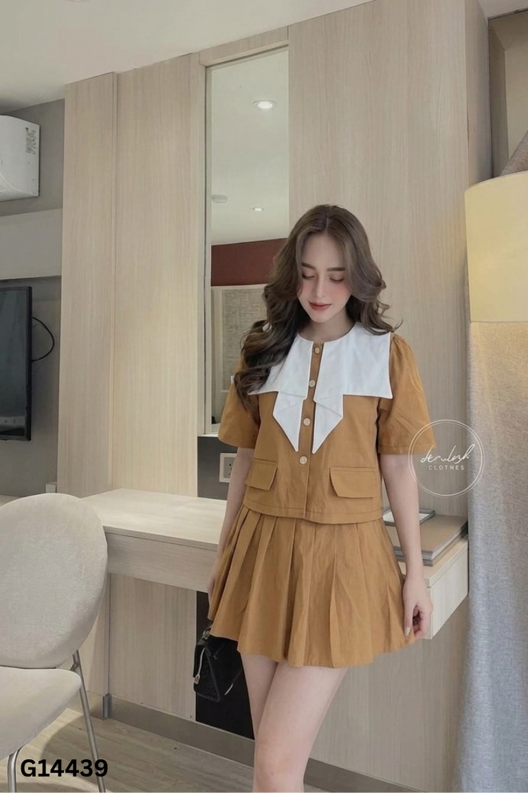 Set Áo nâu cổ trắng phối cúc ngọc + Chân váy