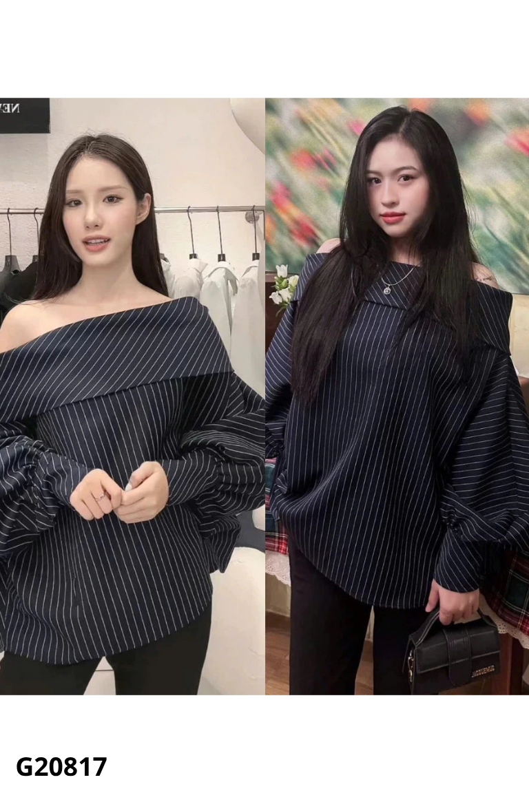 Áo trễ vai xanh sọc trắng