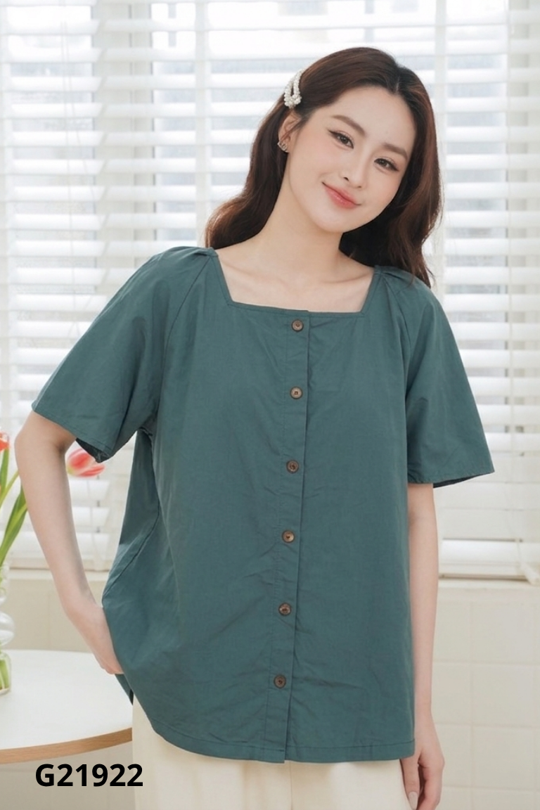 Áo L'AMME xanh phối khuy gỗ