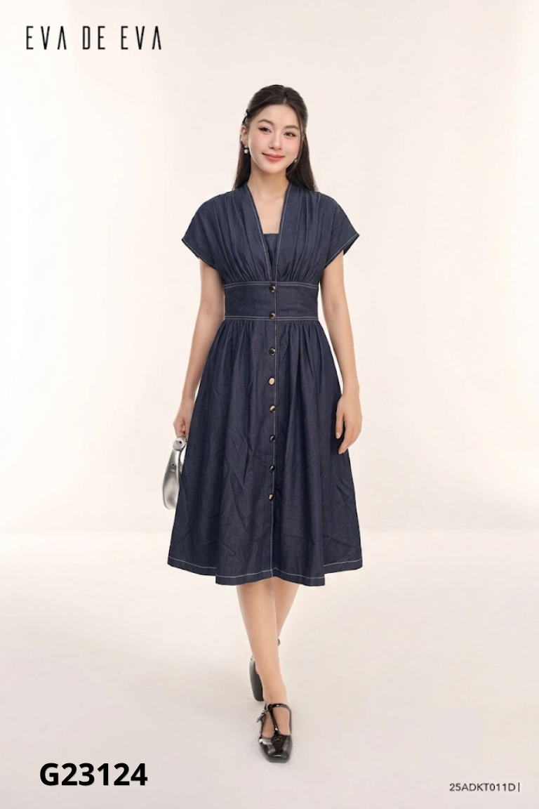 Váy xanh dài EVA DE EVA cổ tim
