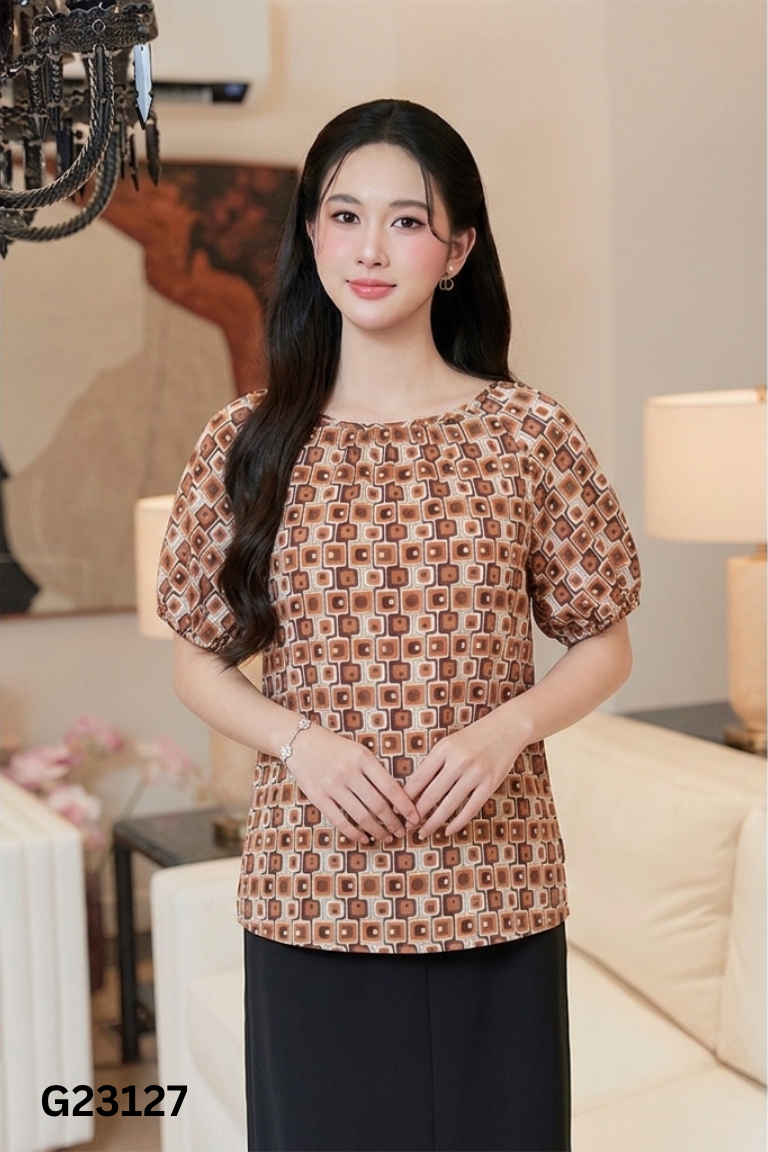 Áo NEM lụa nâu họa tiết