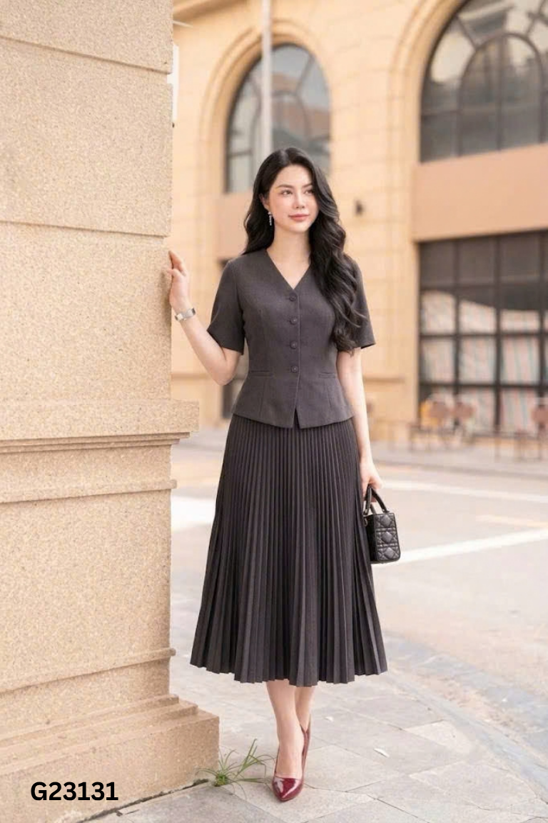 Set áo HONG VIC xám + chân váy dài xếp ly