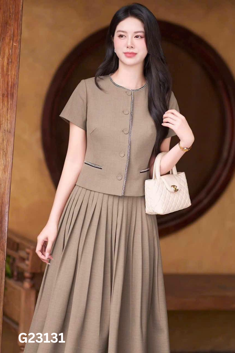 Set áo HONG VIC xám viền đá + chân váy