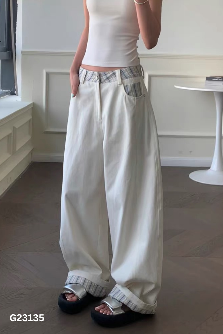 Quần jeans trắng phối xanh kẻ ống rộng