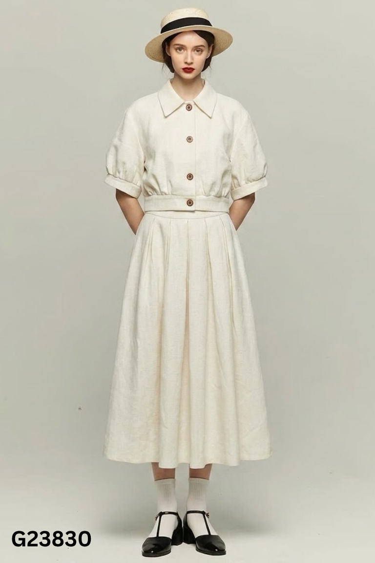 Set dạ be VOGUE ngắn tay+váy dài