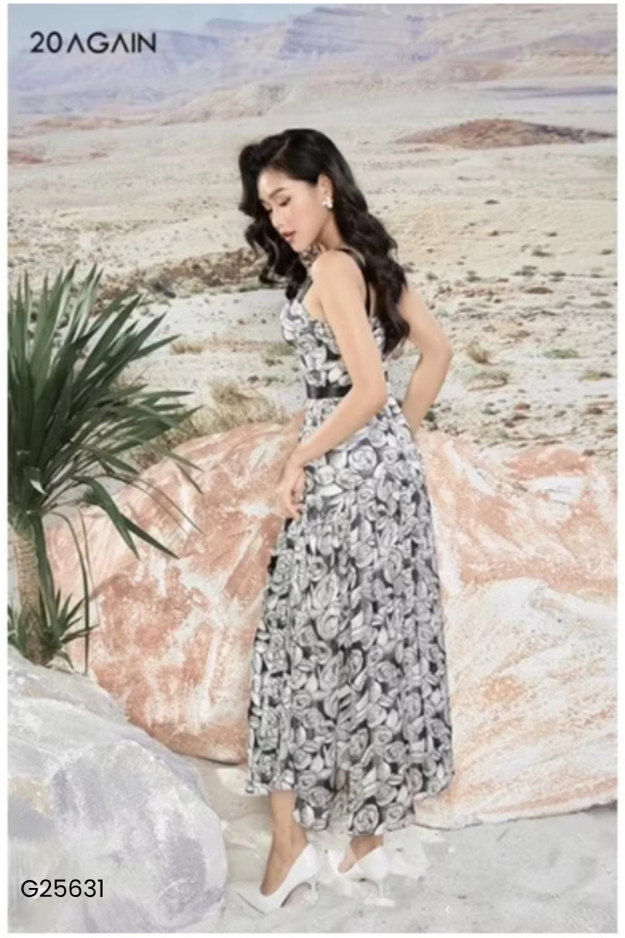 Váy 20AGAIN xanh hoạ tiết đen