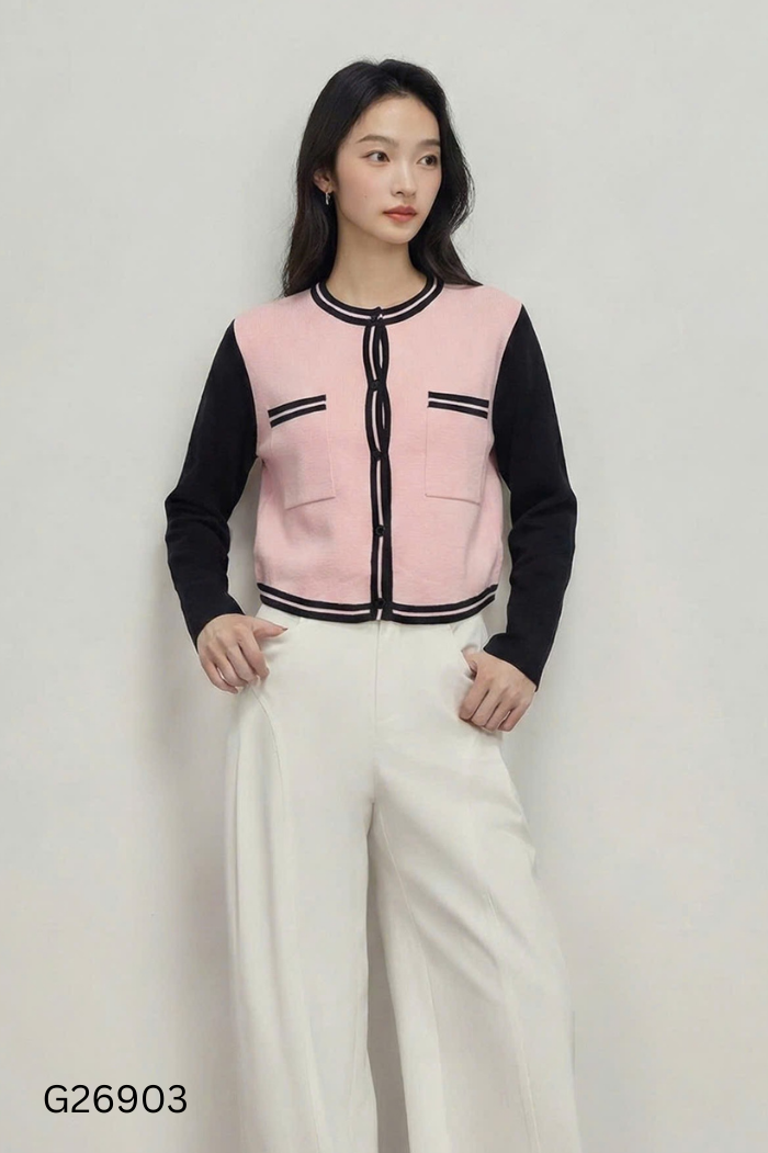 Áo len hồng phối đen