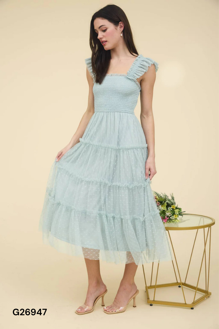 Váy lưới xanh chấm bi