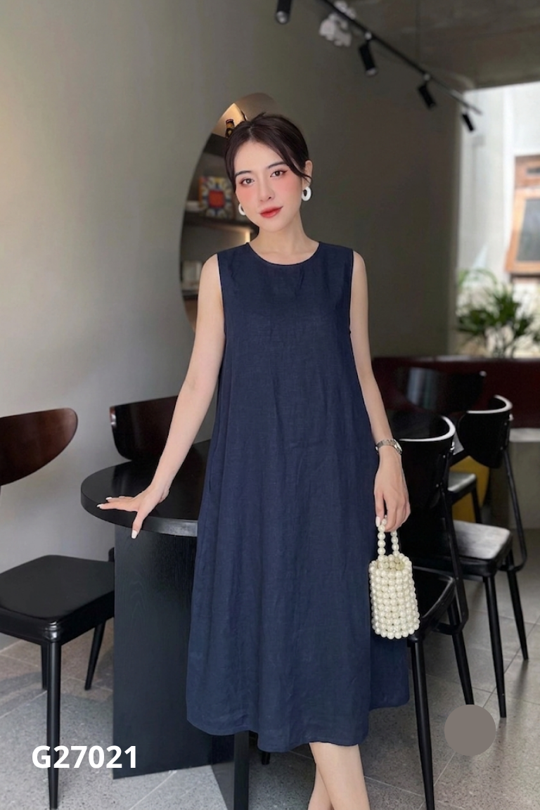 Váy sát nách linen xanh than