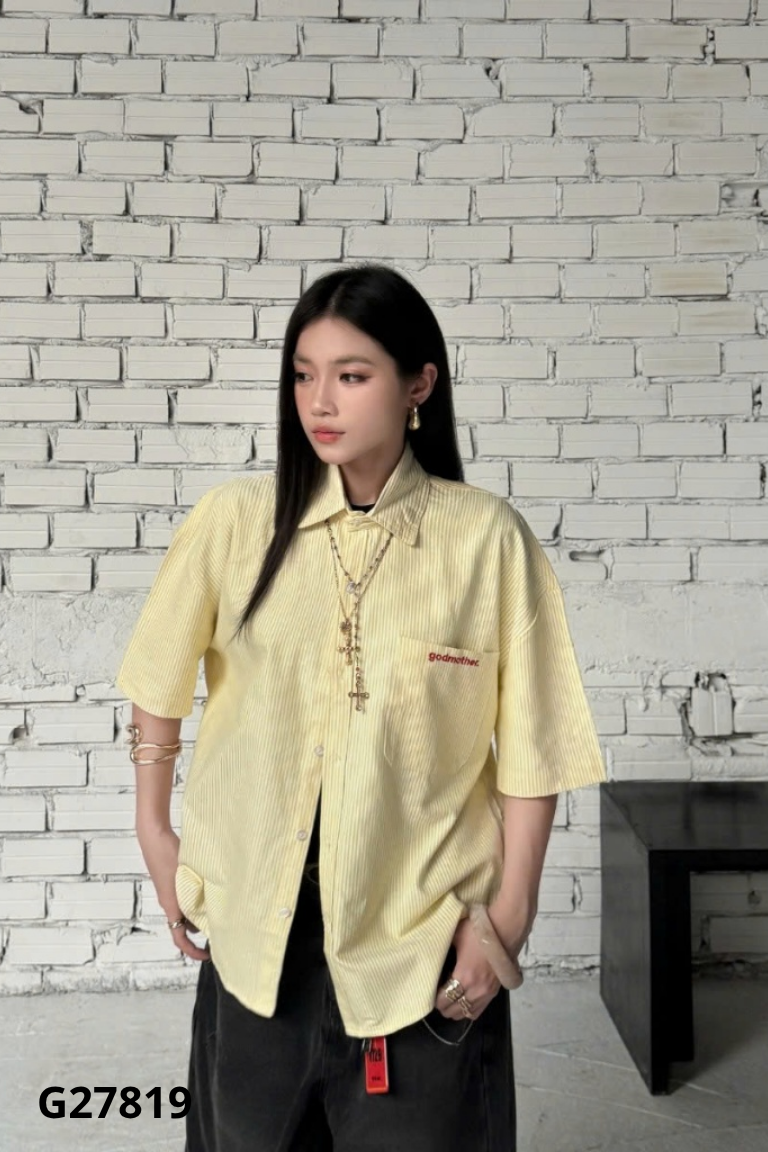 NEWTAG Áo sơ mi GODMOTHER vàng kẻ trắng