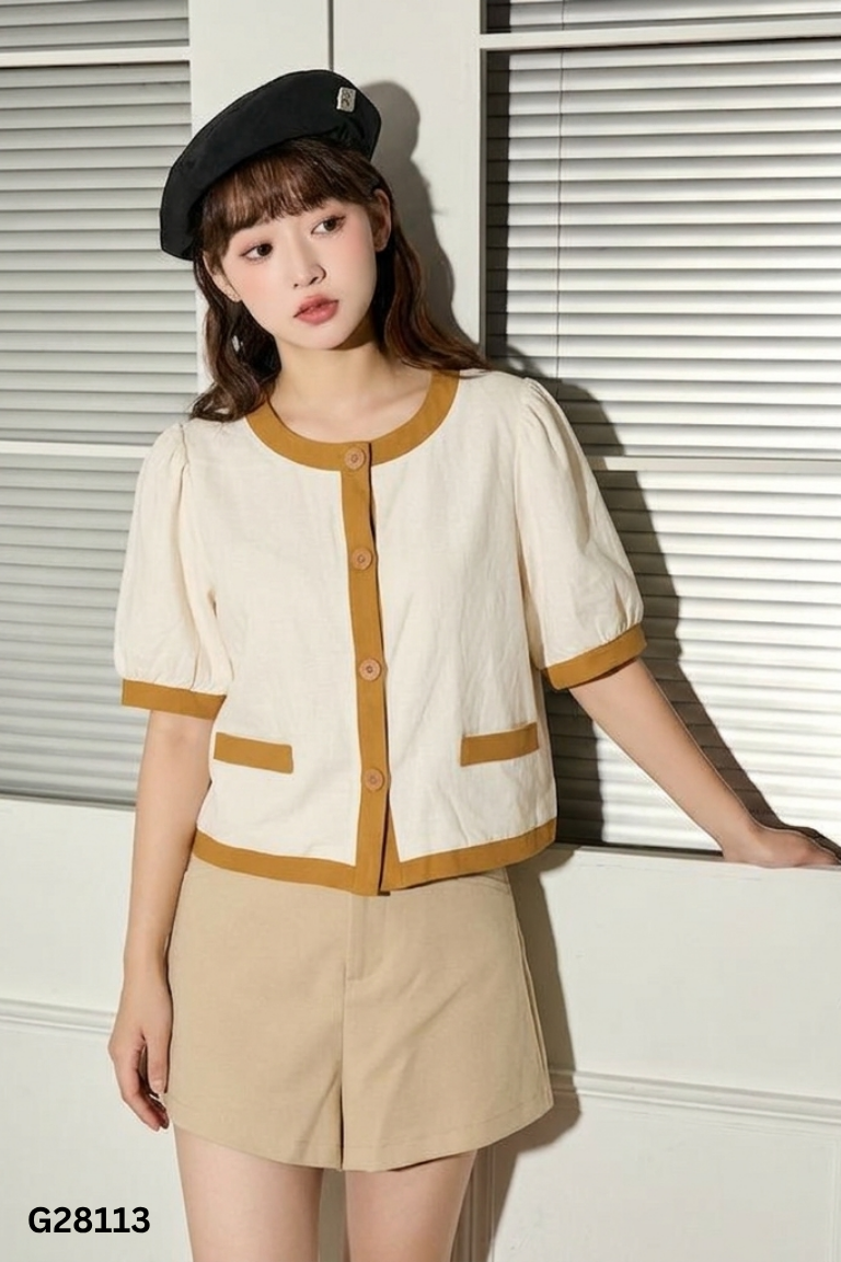 Set Áo be viền nâu + quần shorts