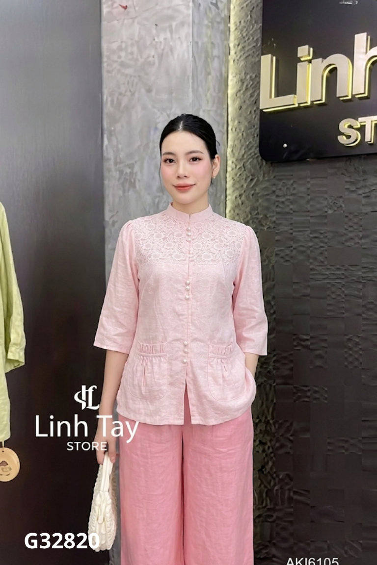 Set áo gấm hồng đính ngọc + quần hồng