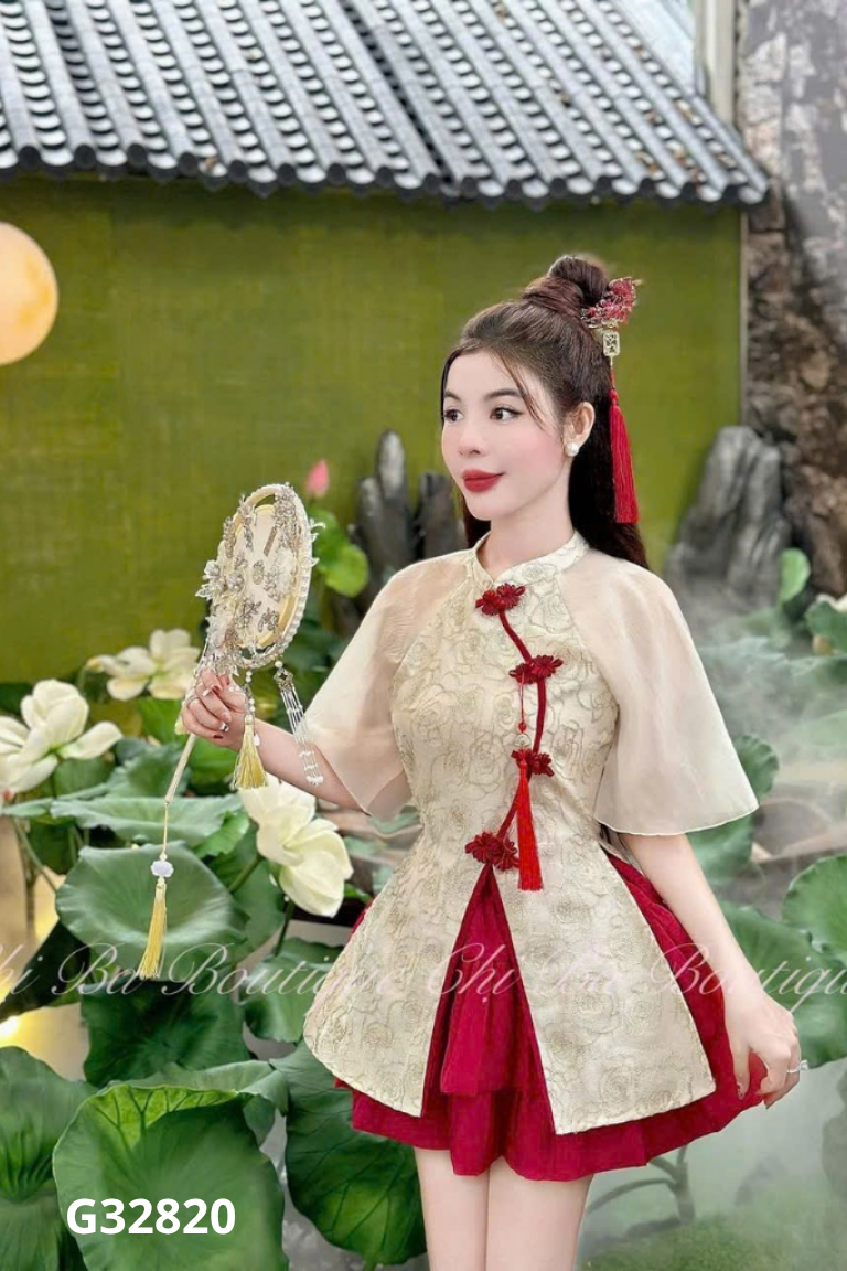 Set áo be cổ tàu + chân váy đỏ