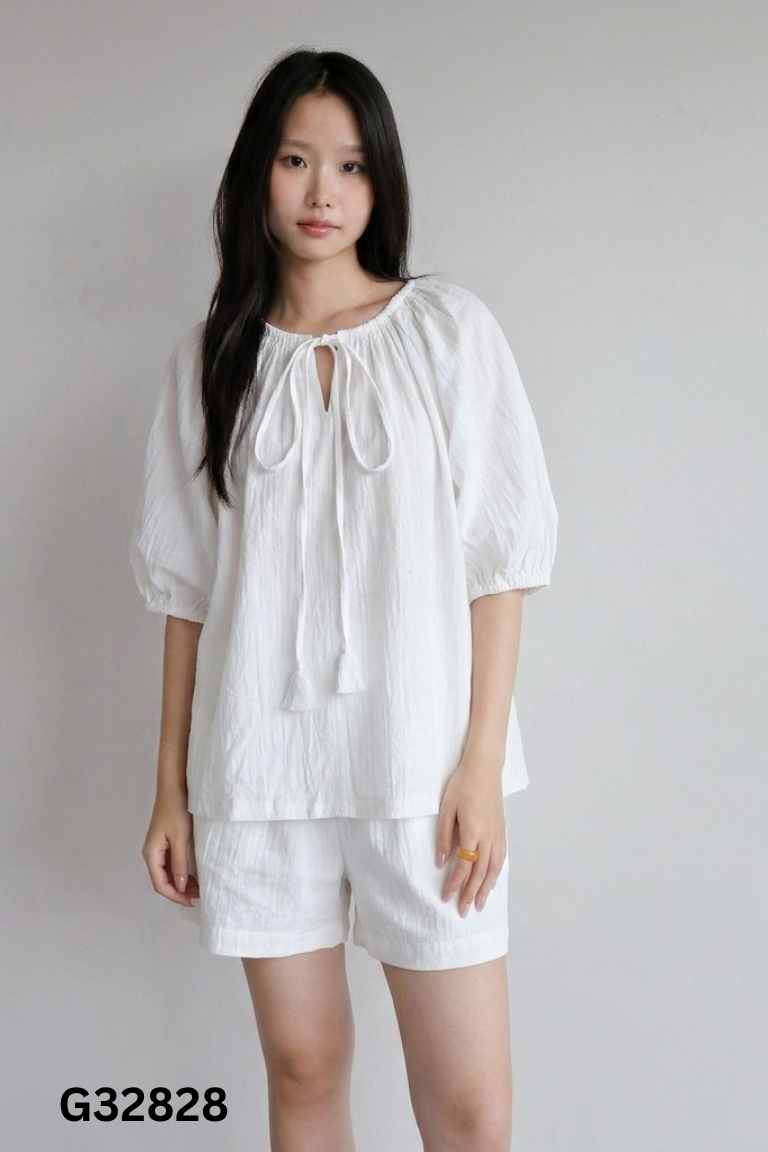 Set Áo đũi trắng tay phồng + quần shorts