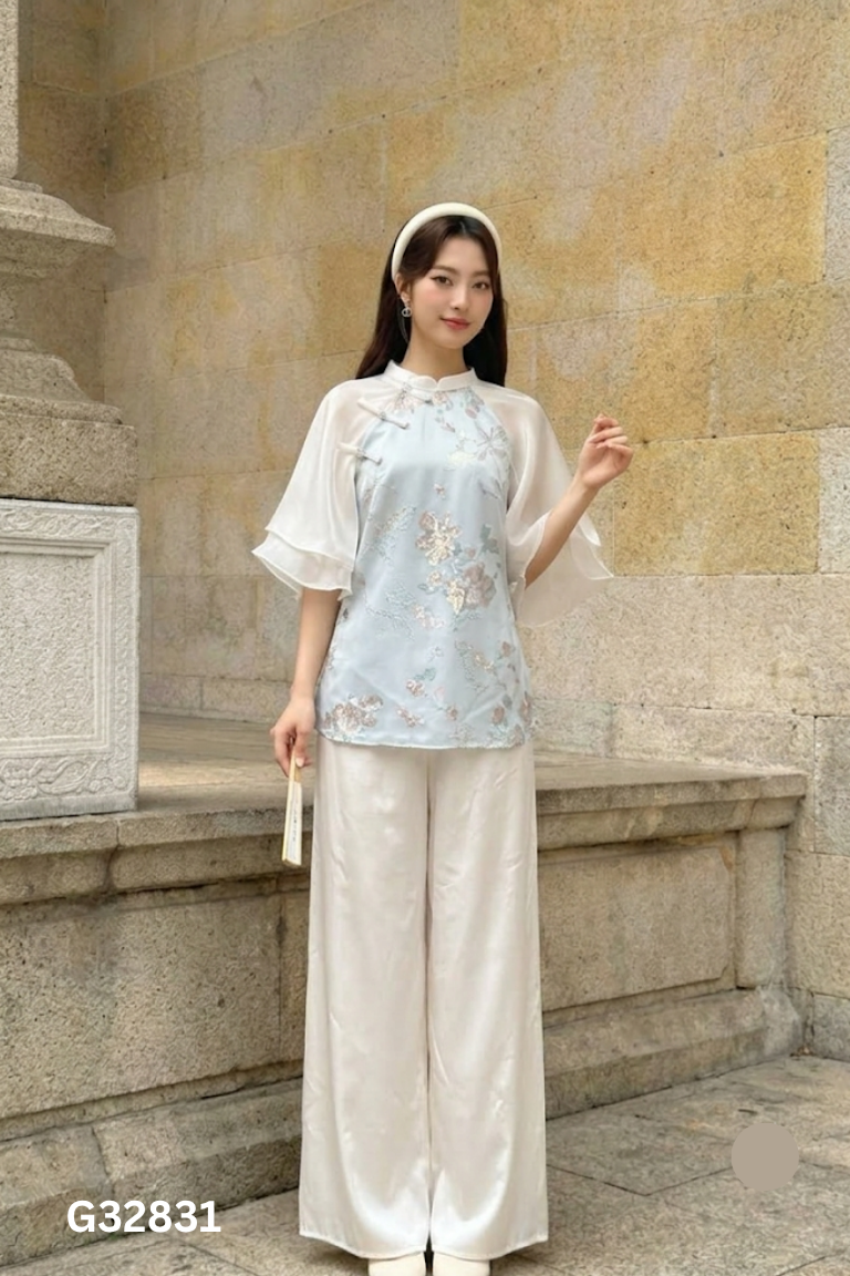 Set áo dài cách tân xanh phối trắng