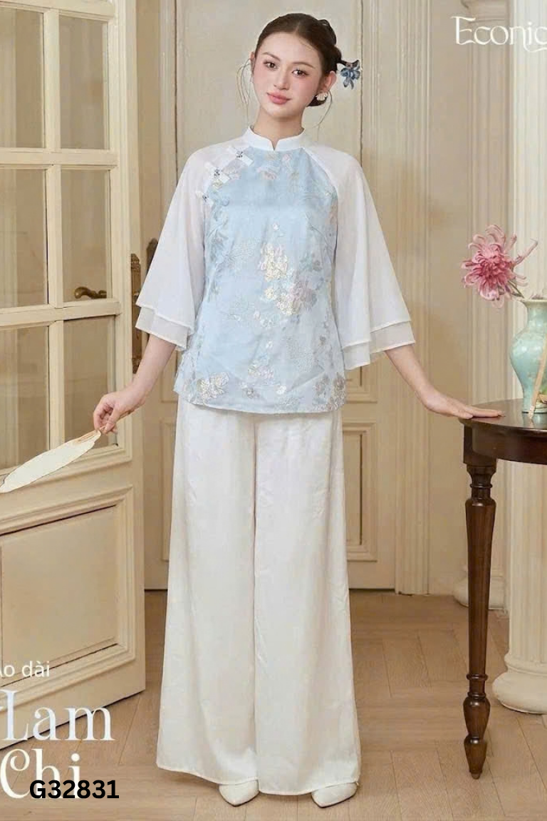 Set áo dài cách tân xanh phối trắng