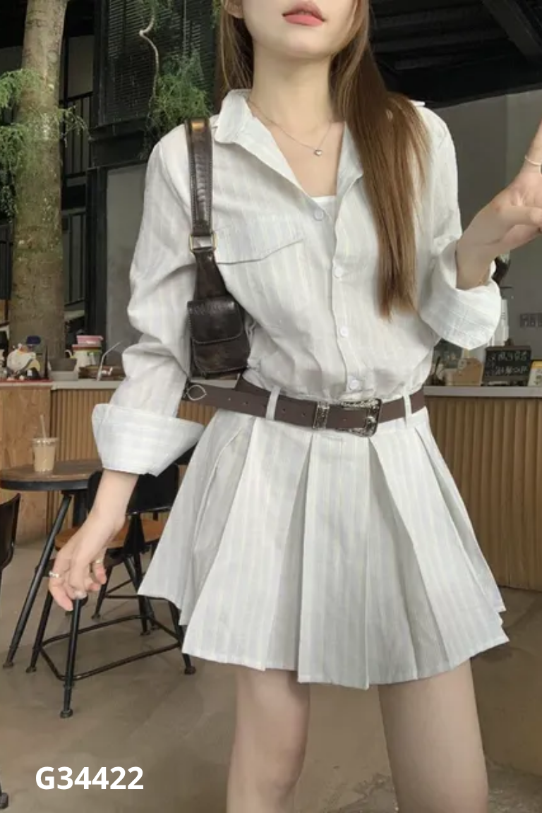 Váy sơ mi xanh sọc be