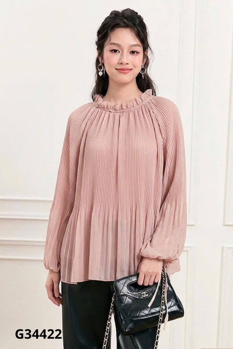 Áo trễ vai voan hồng dập ly