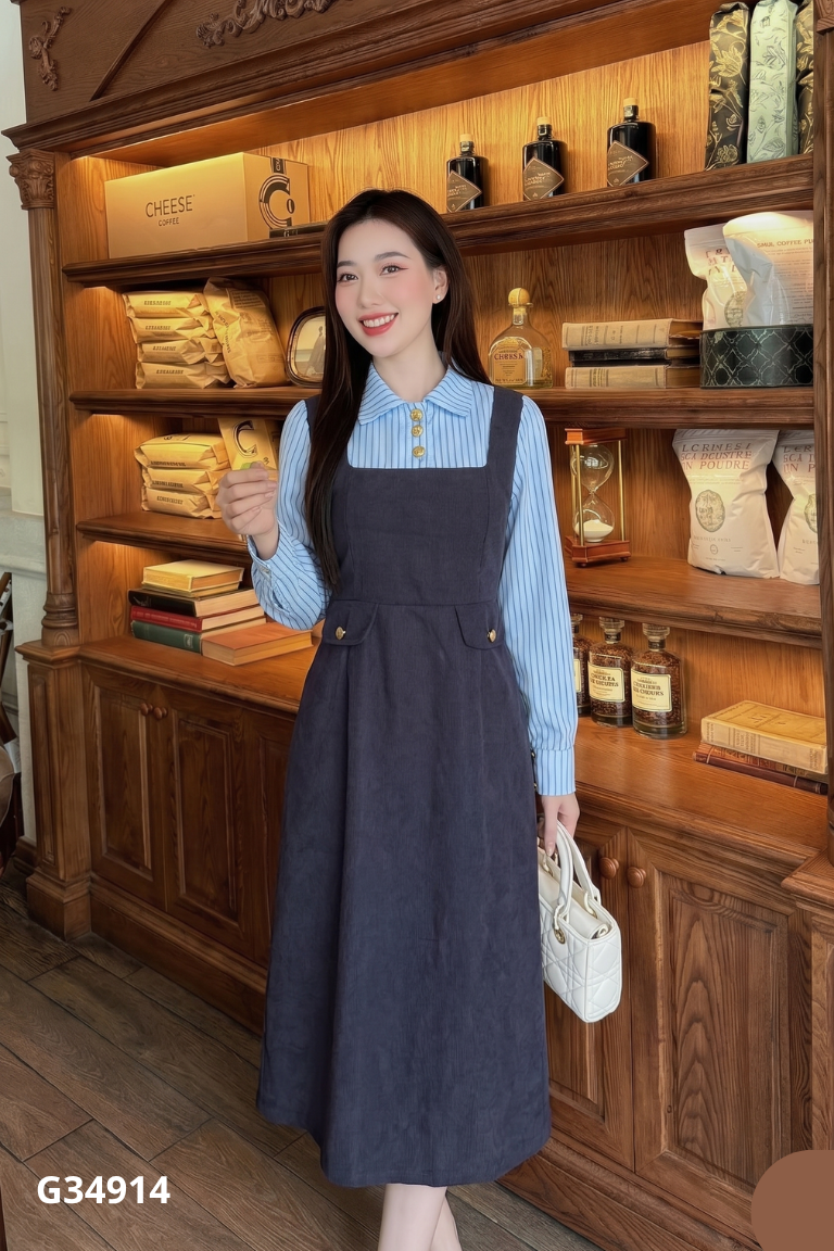 Váy nhung tăm xanh than phối sơ mi kẻ