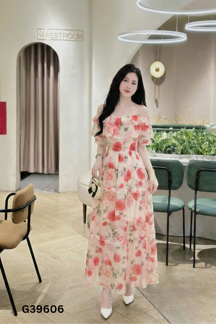 Váy voan hoa hồng phối bèo