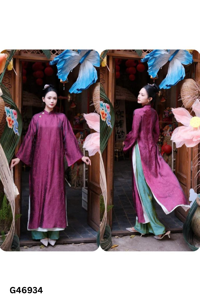 Set áo dài gấm tím+quần xanh