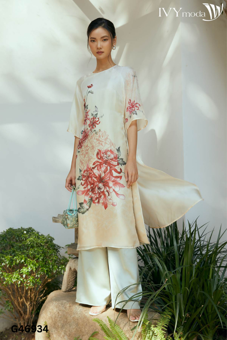 Set áo dài be IVY MODA+quần xanh