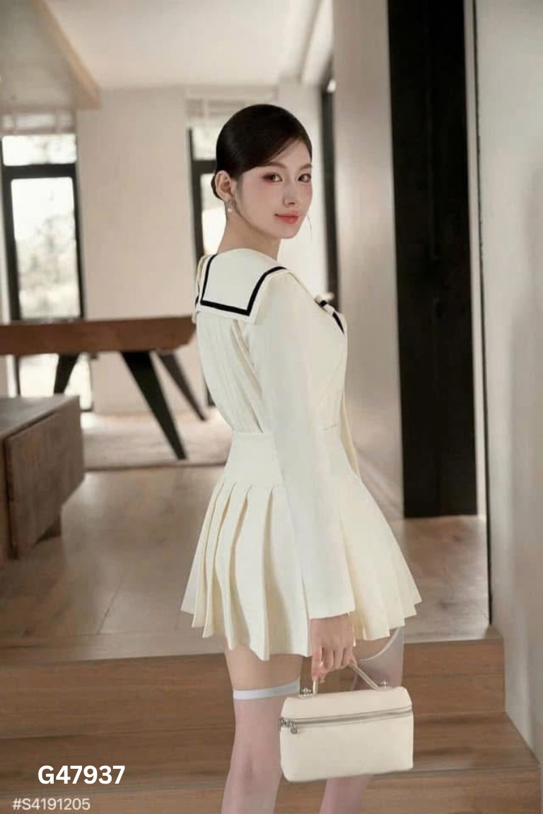 NEWTAG Set Áo kiểu be DTM họa tiết nơ + Chân váy