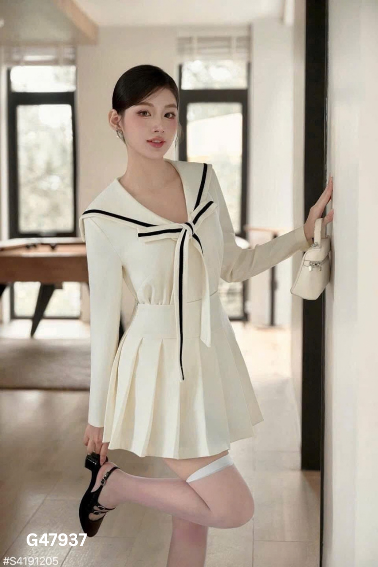 NEWTAG Set Áo kiểu be DTM họa tiết nơ + Chân váy