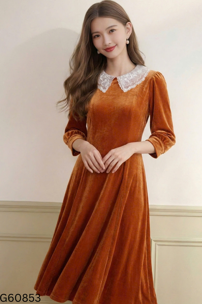 Váy nhung nâu GERME cổ sen