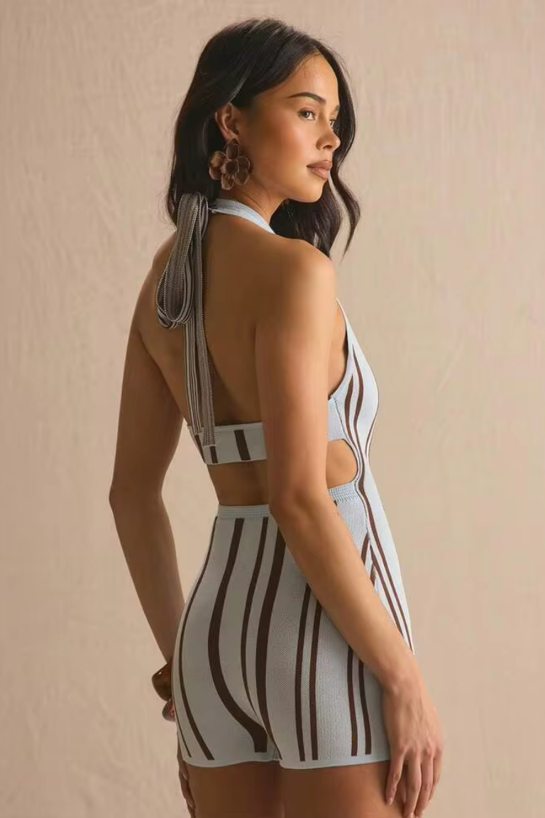 NEWTAG Jumpsuit len xanh MUSERA kẻ nâu