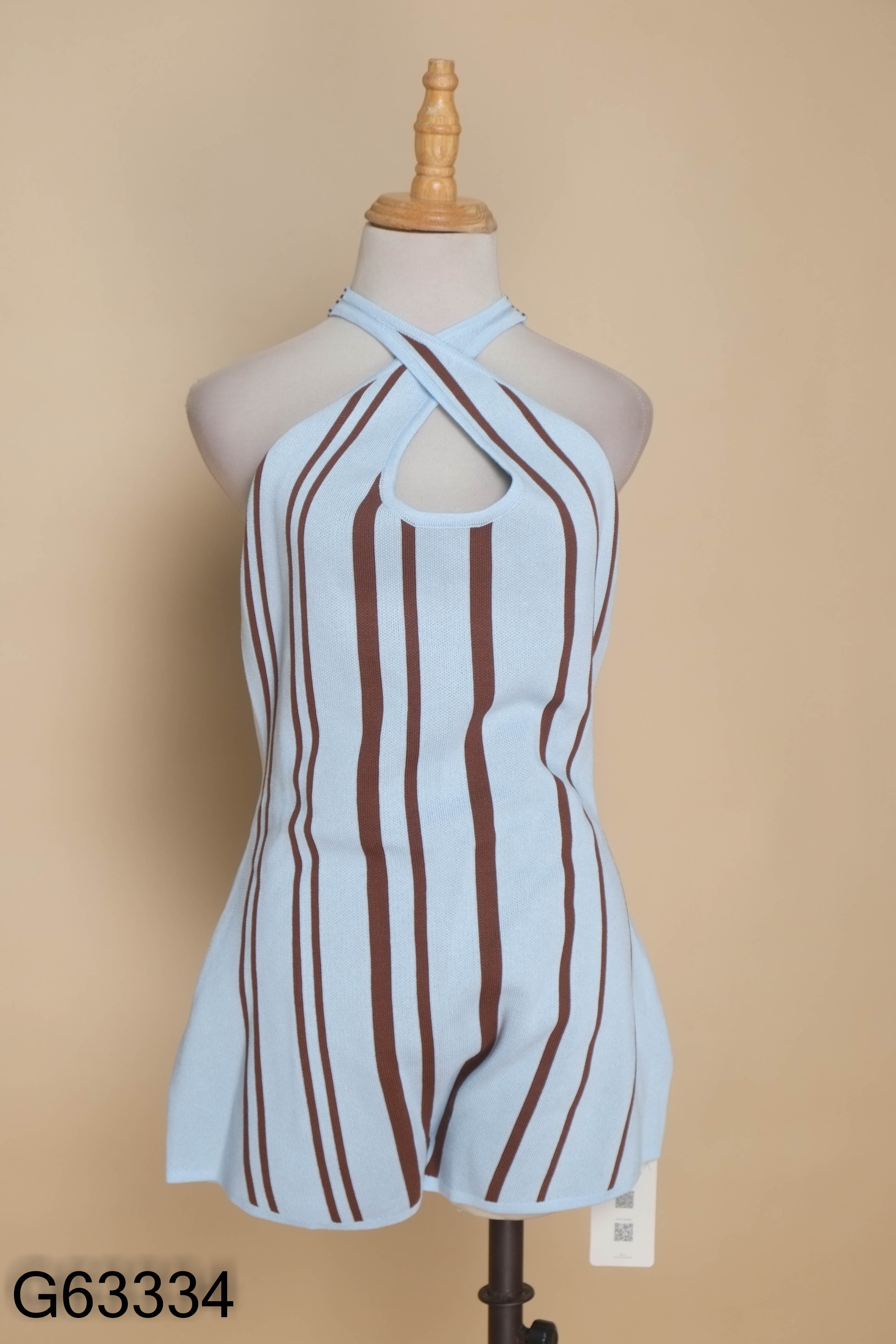NEWTAG Jumpsuit len xanh MUSERA kẻ nâu
