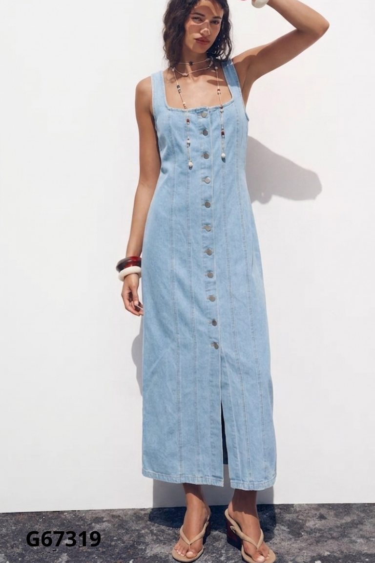 Váy jeans xanh ZARA hai dây phối cúc (xuất)