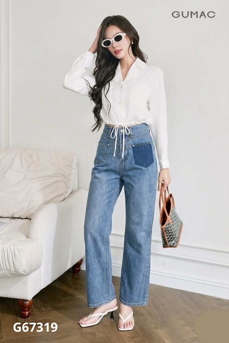 Quần jeans xanh ống rộng trơn