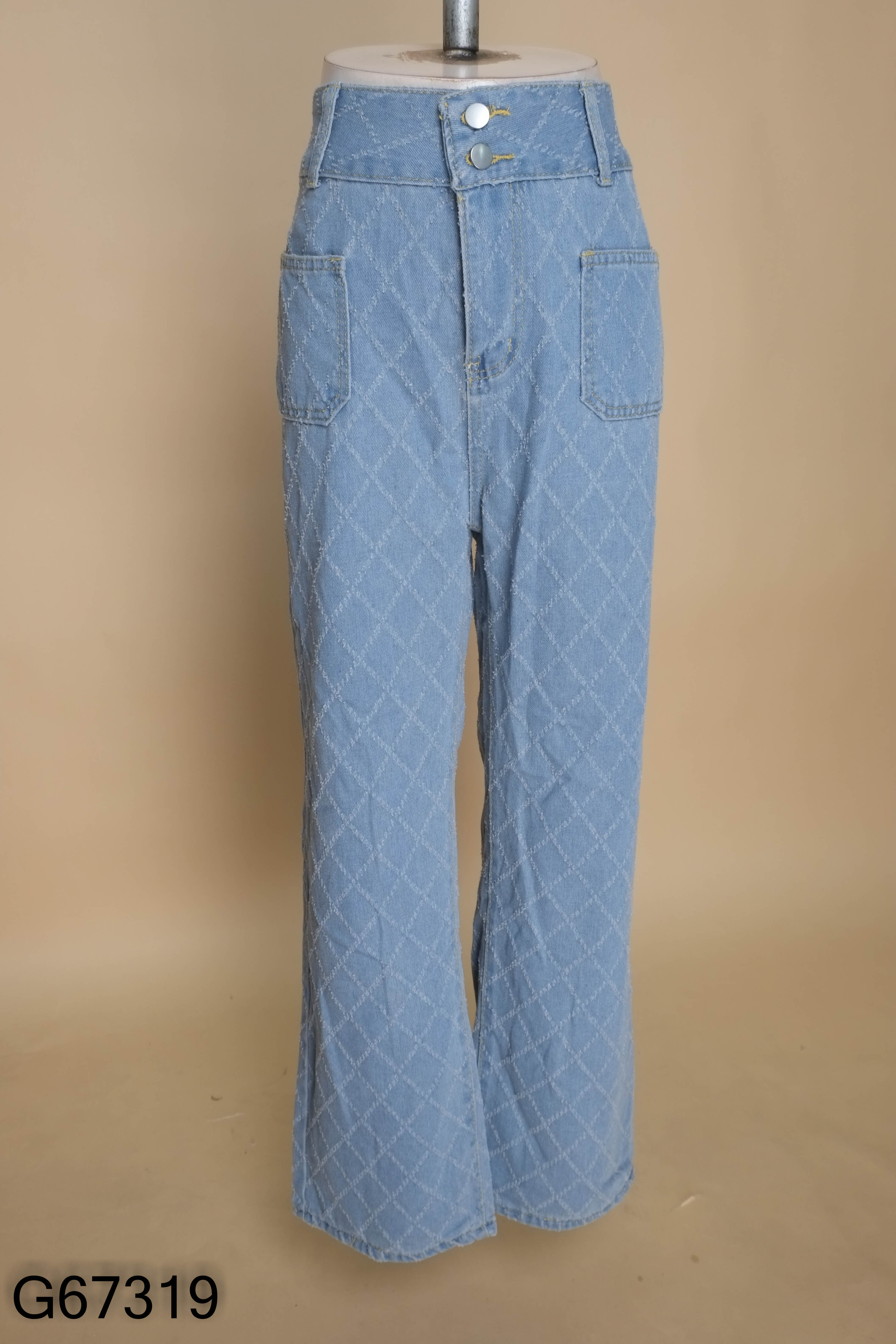 NEWTAG Quần jeans xanh họa tiết chỉ thoi
