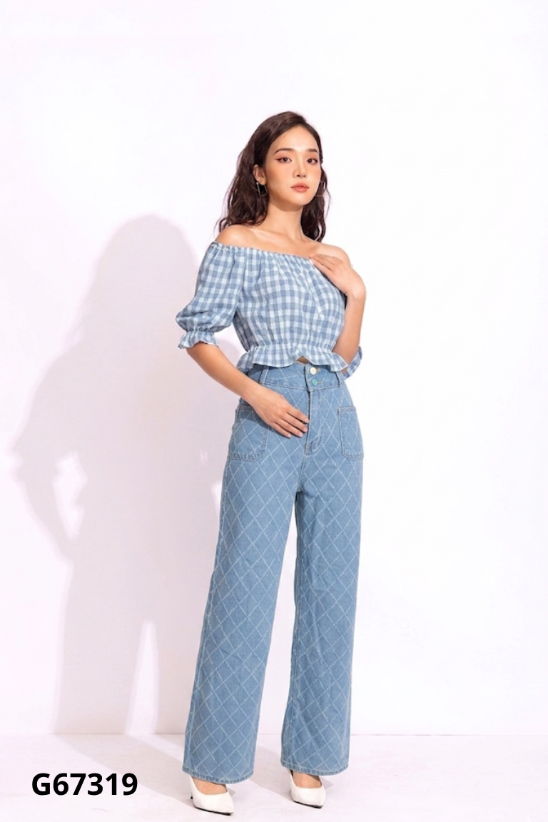 NEWTAG Quần jeans xanh họa tiết chỉ thoi
