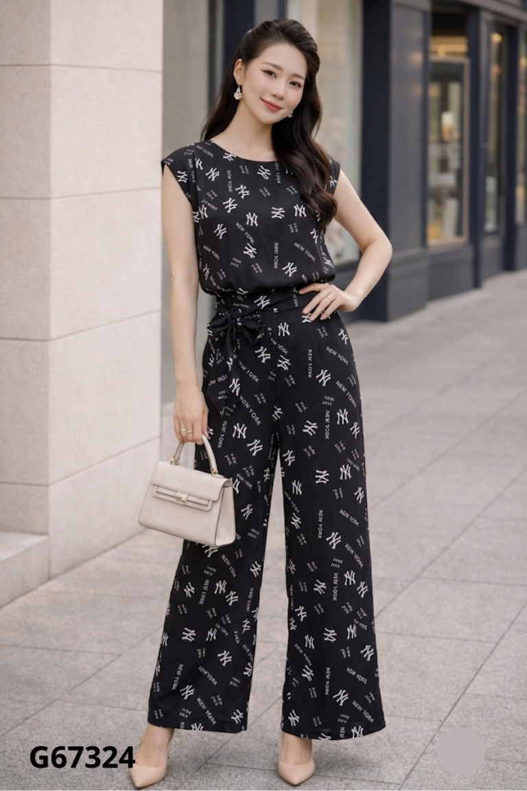 Set lụa đen họa tiết áo kiểu + quần