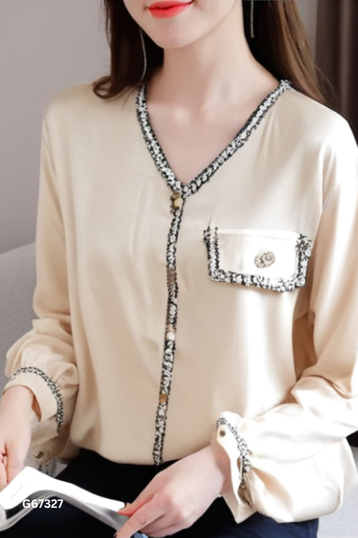Áo lụa be phối trắng đen