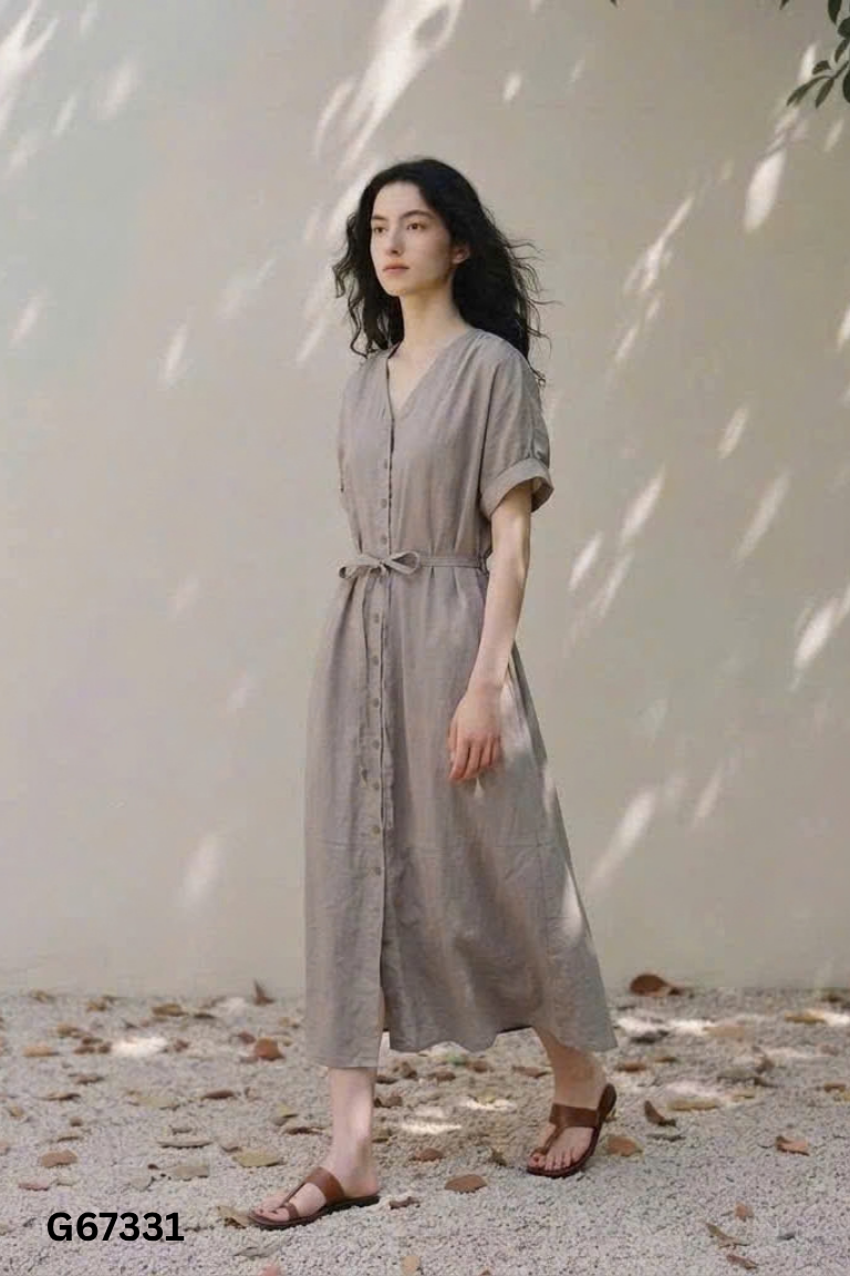 Váy sơ mi ghi suông cổ tim