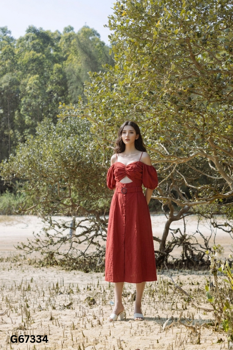 Váy đỏ trễ vai D.CHIC hở ngực
