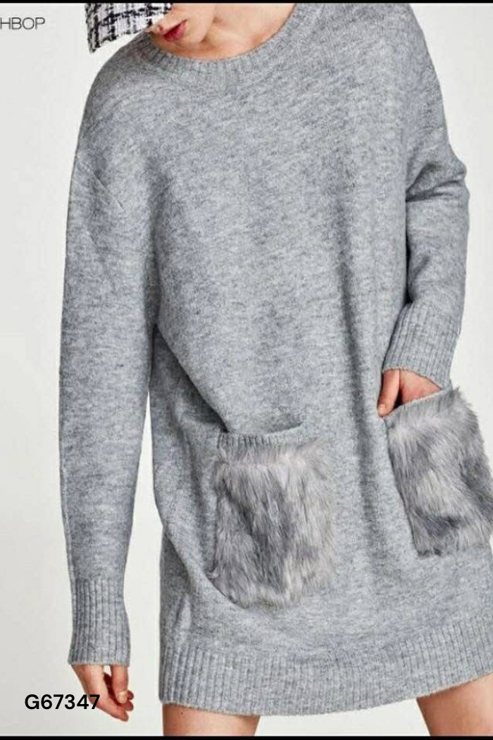 Áo len xám ZARA phối túi lông