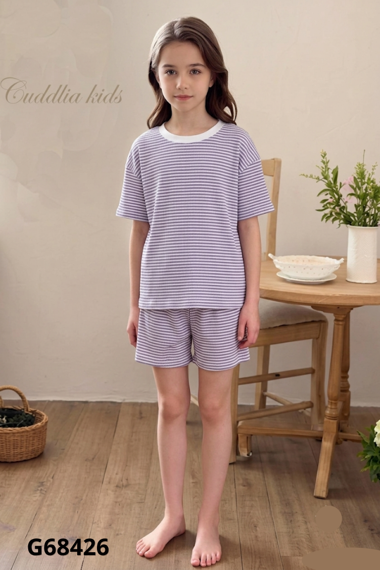 NEWTAG Set tím sọc trắng áo kiểu + quần