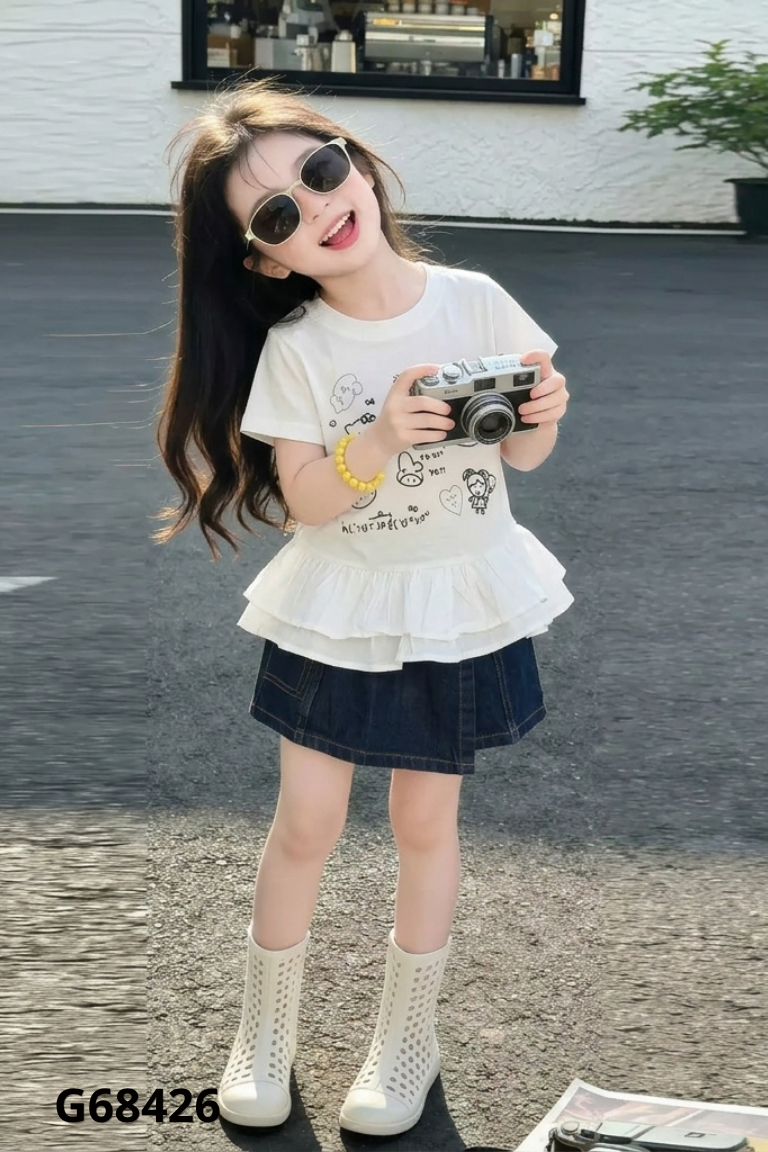 Set áo trắng + chân váy jeans xanh