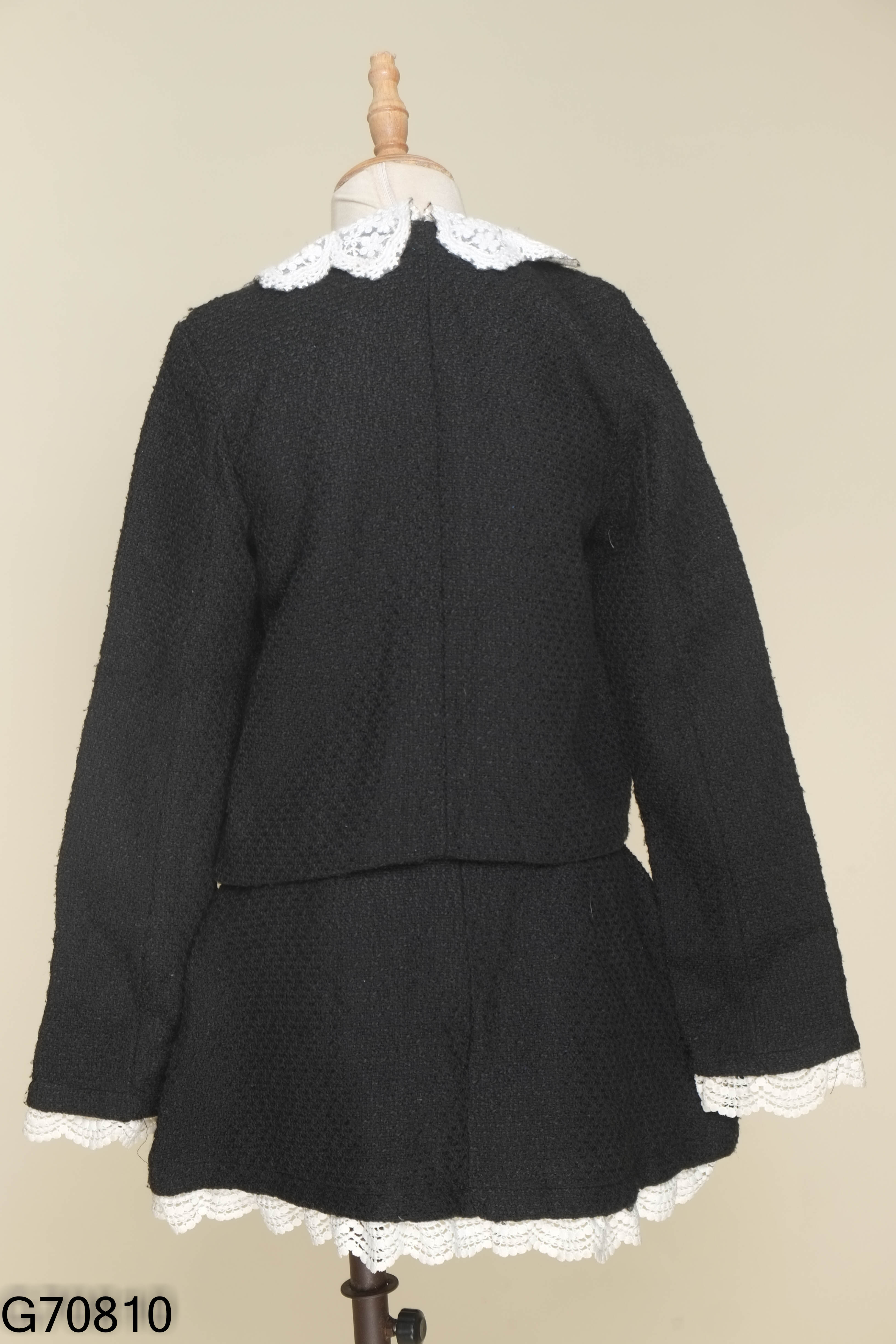 NEWTAG Set dạ tweed đen cổ trắng