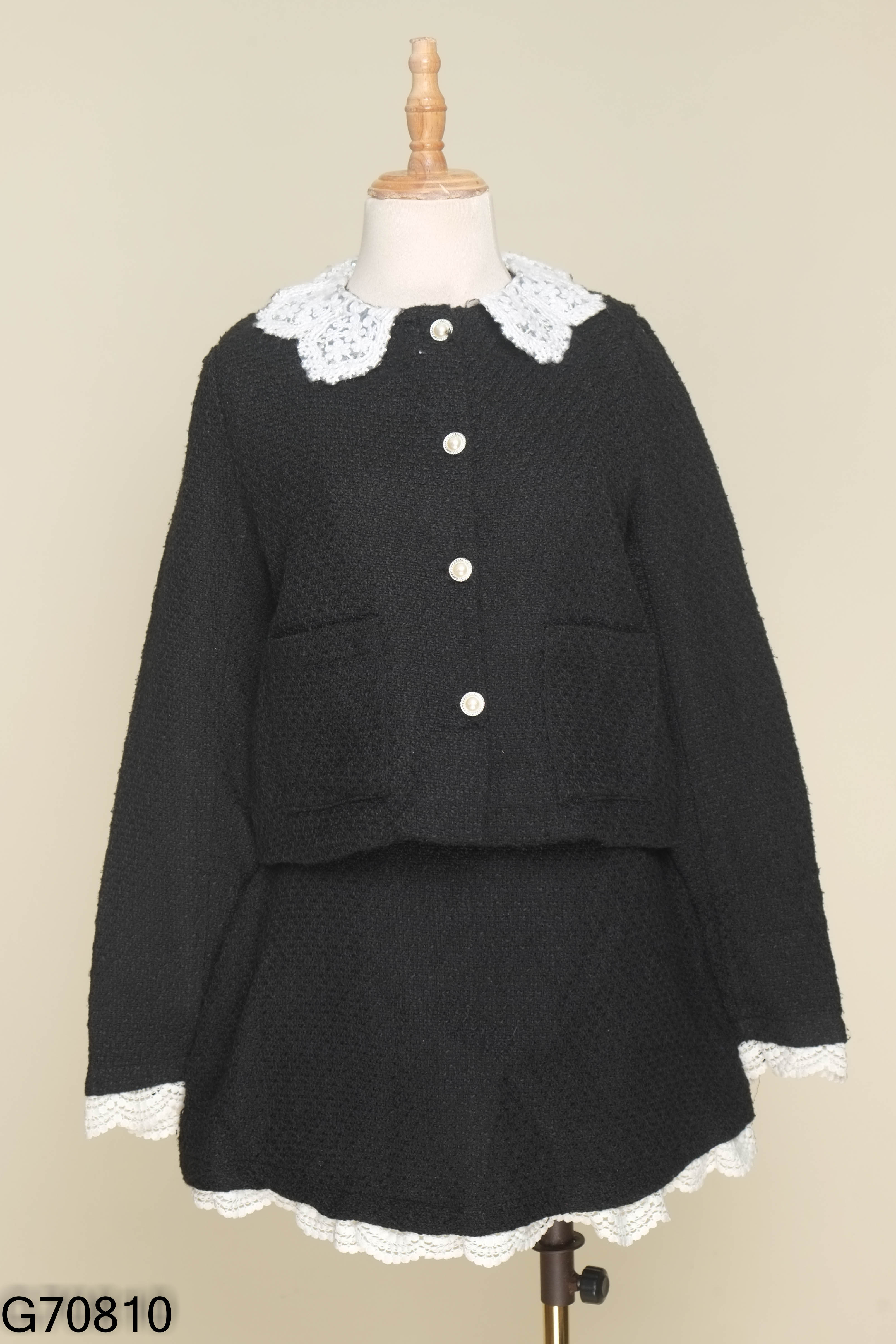 NEWTAG Set dạ tweed đen cổ trắng