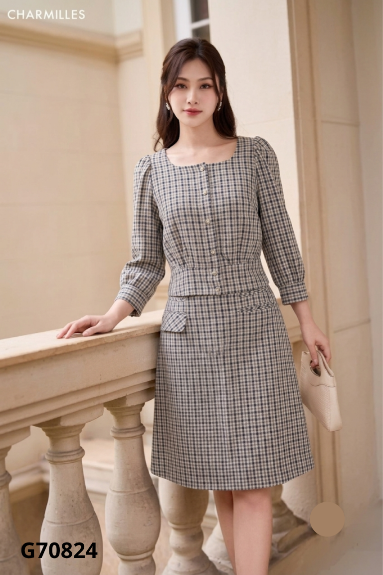 Set CHARMILLES nâu kẻ caro áo kiểu + chân váy
