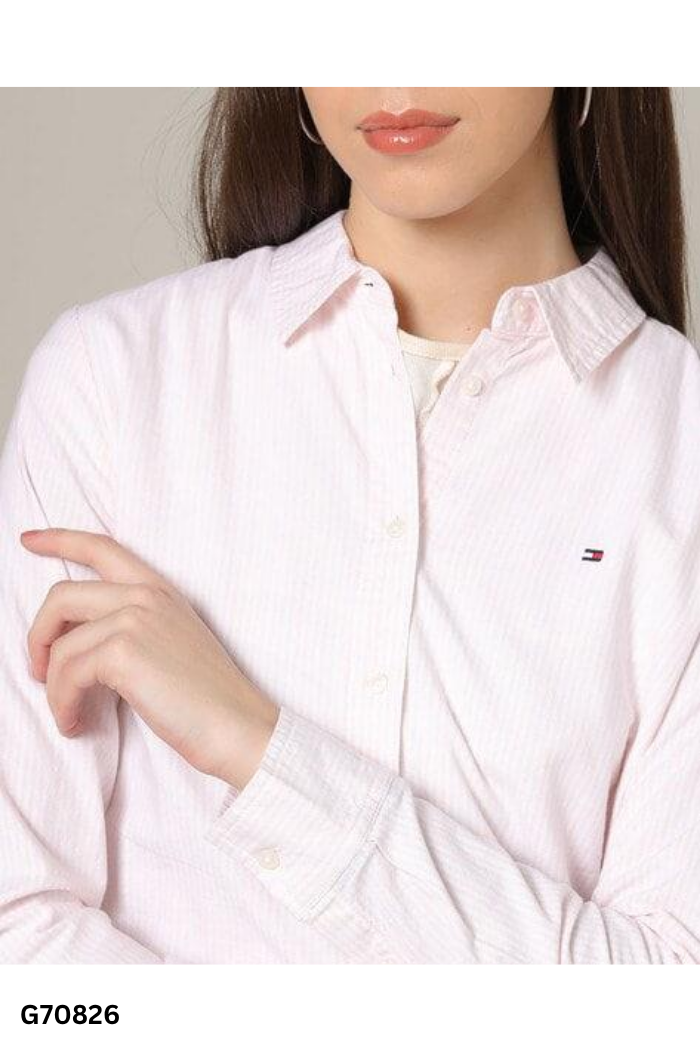 Áo TOMMY HILFIGER sơ mi be sọc trắng