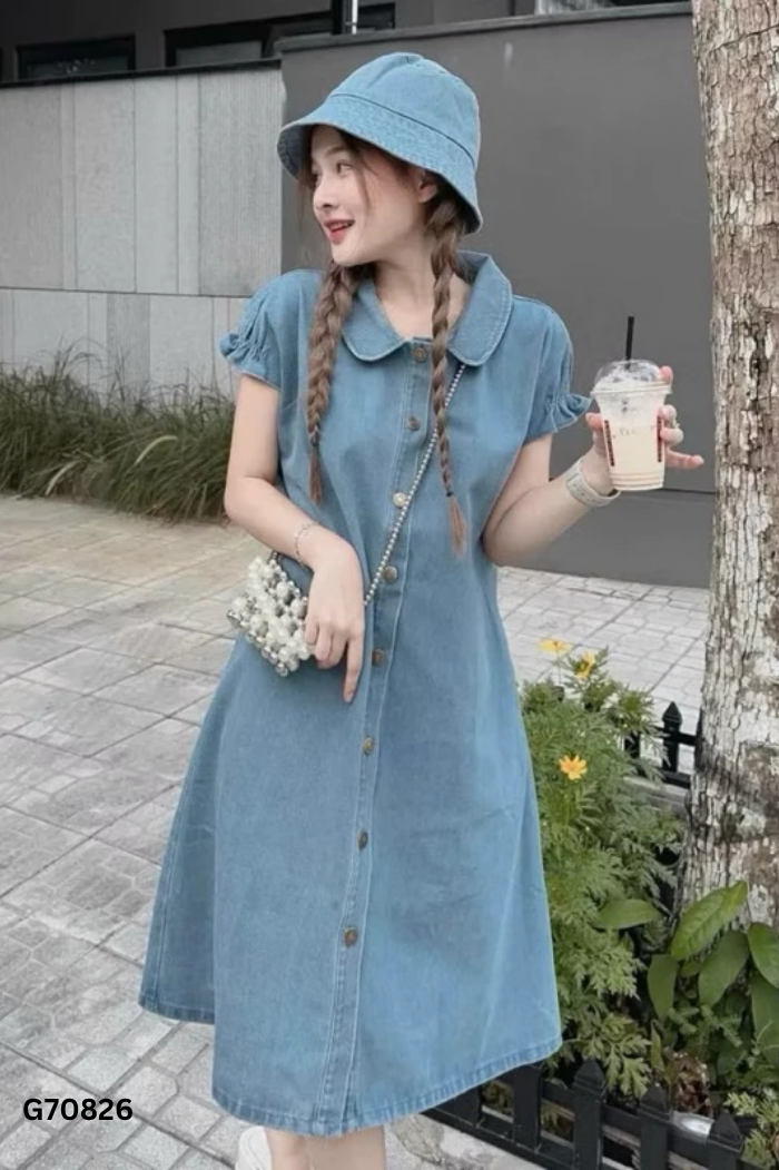 NEWTAG Váy jeans xanh cổ bèo