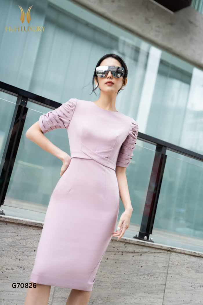 Váy H&H LUXURY hồng tay rúm