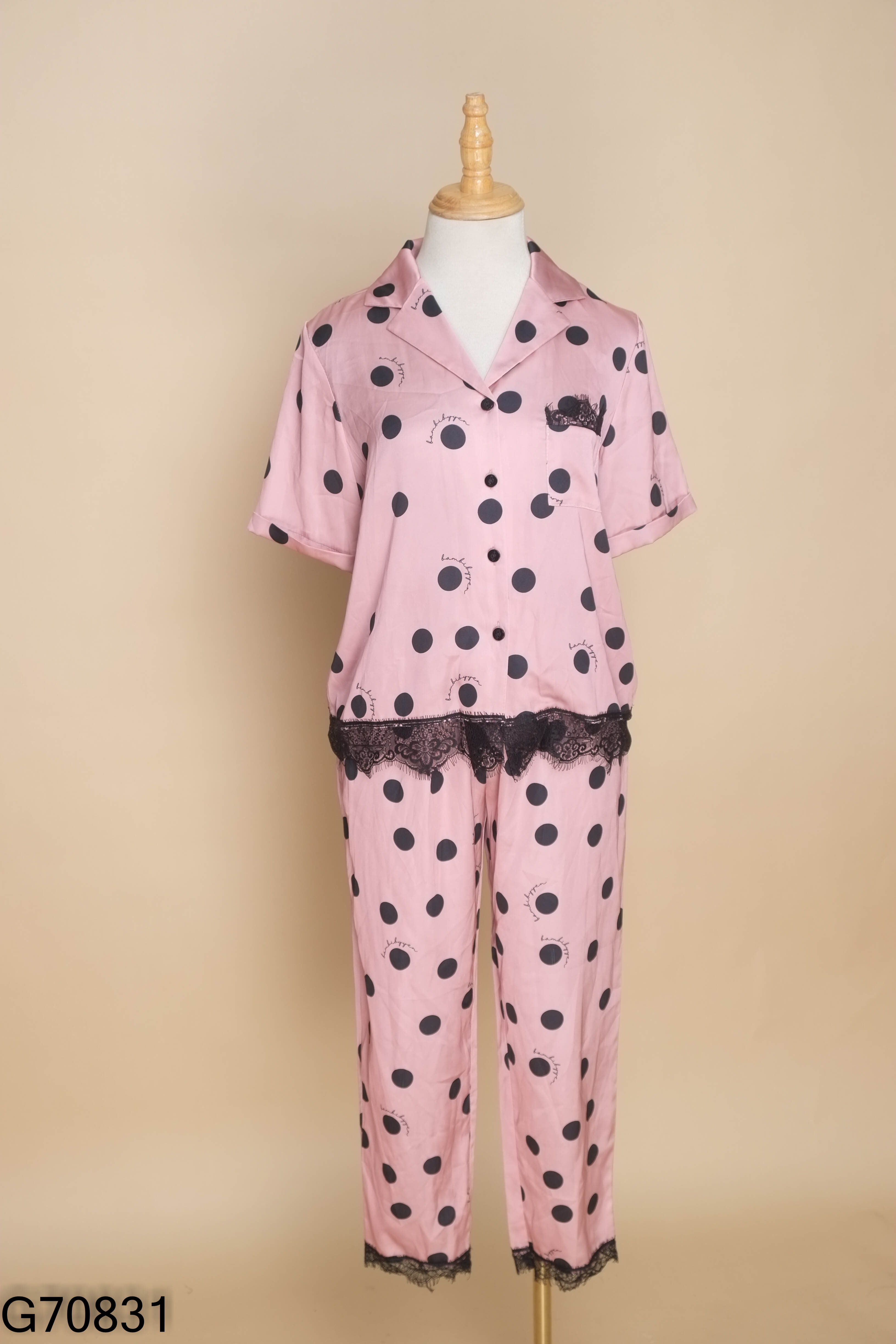 Set BAMBI BY YEN áo + quần lụa hồng chấm bi