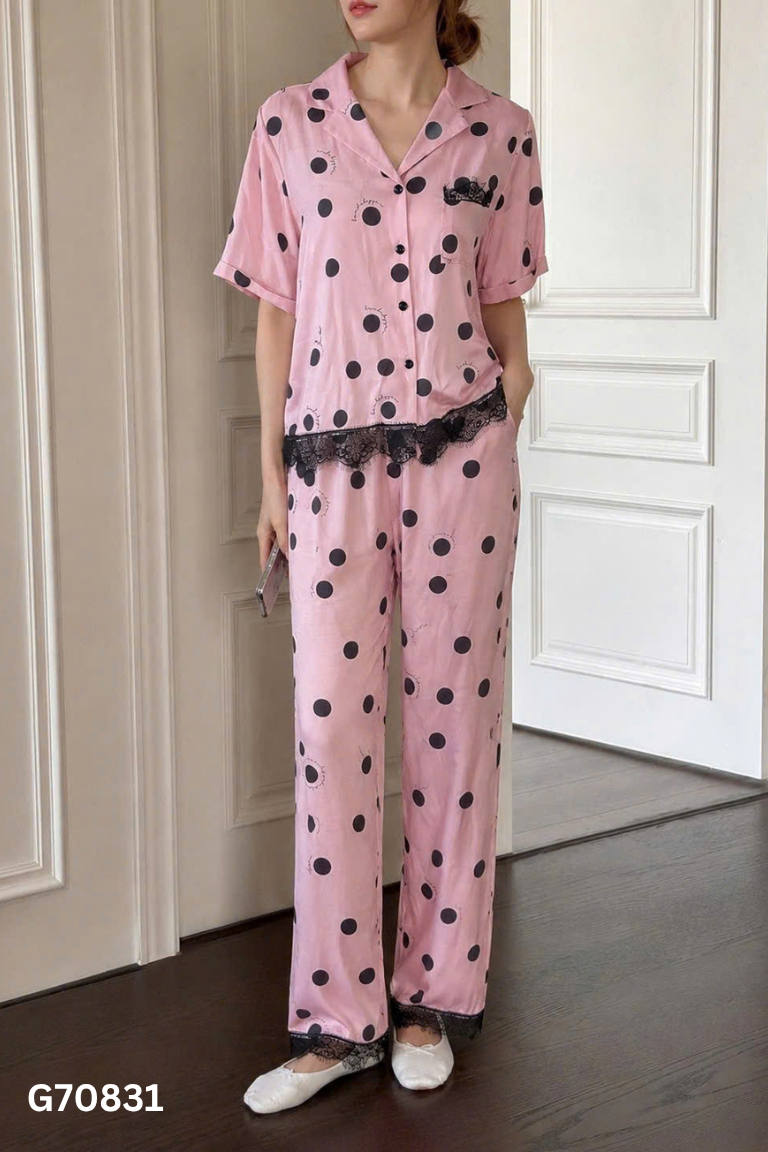 Set BAMBI BY YEN áo + quần lụa hồng chấm bi